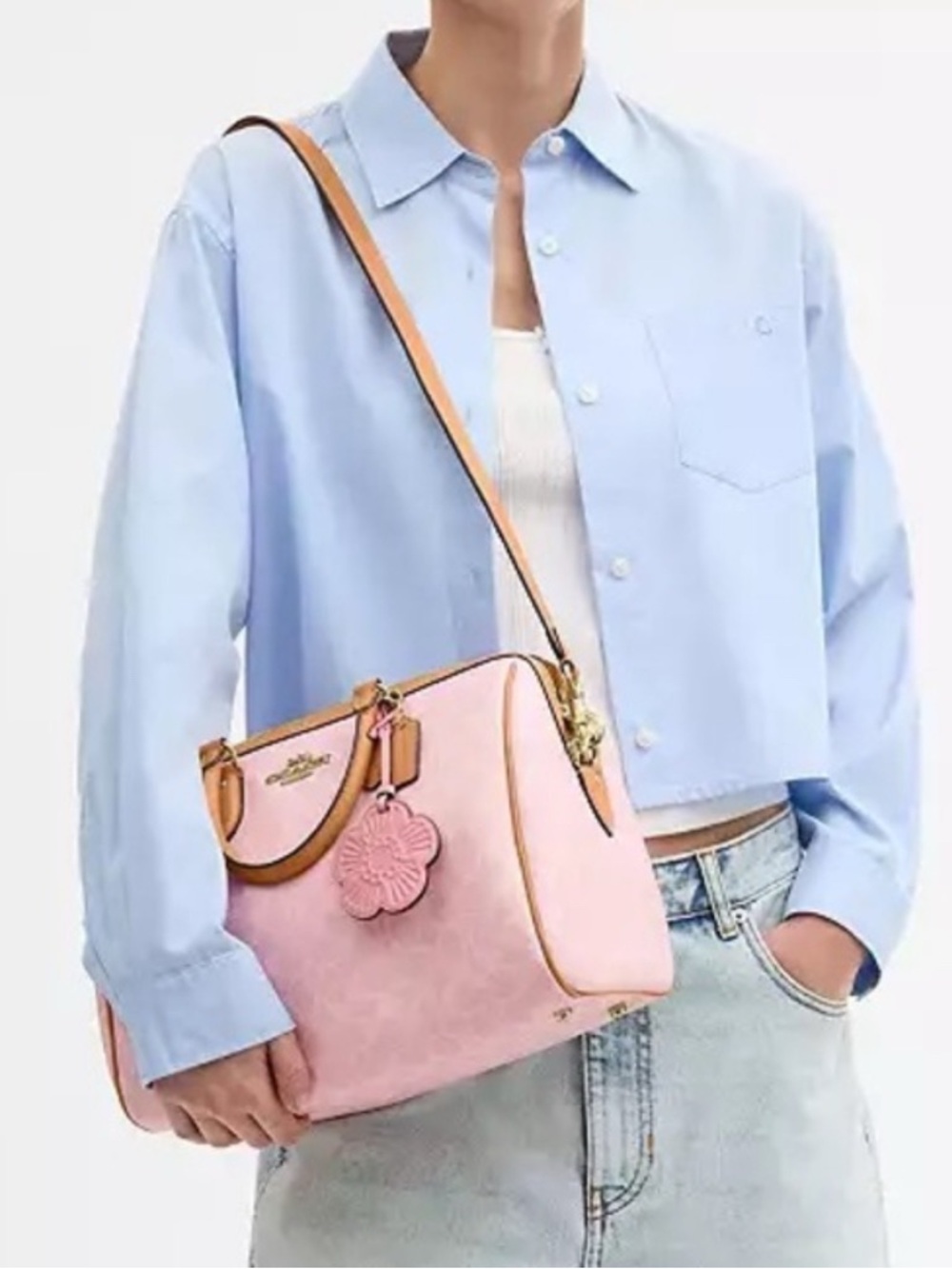 New Coach Rowan Large Satchel Bag in Signature Canvas with charms powder pink - Picture 3 of 10